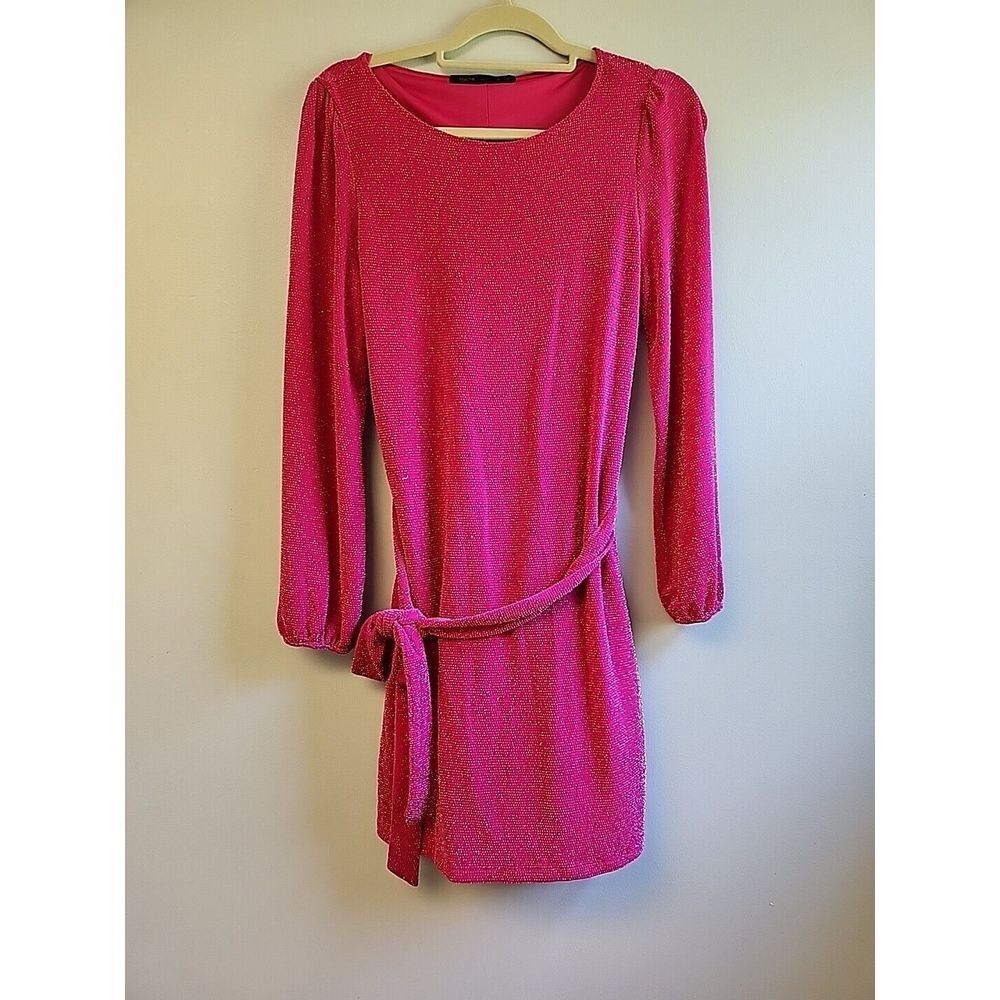 Fraiche By J Womens M Silver Bling Long Sleeve Minidress Fuschia Pink